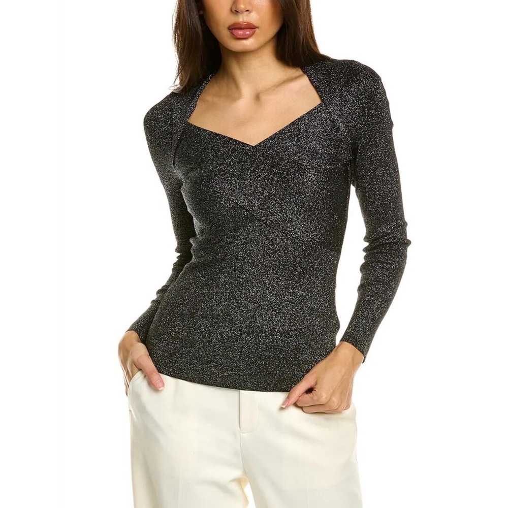 Ted Baker London Eloisy Black Silver Metallic Knit Crossover Sweetheart Top 2